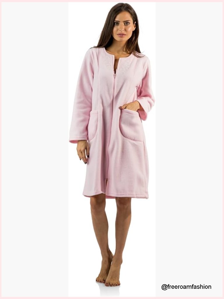 Long Sleeve Zip Up Fleece Robe With Pockets